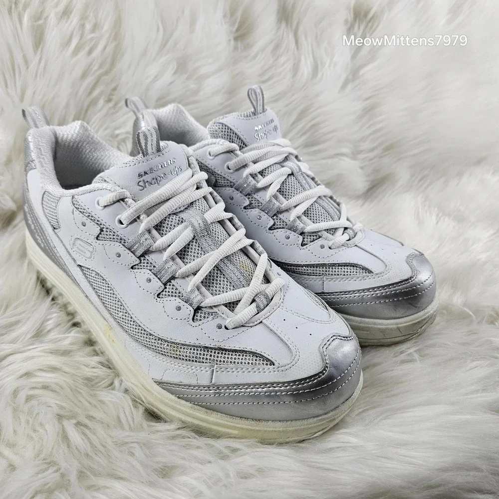 Skechers Shape-Ups Shoes Womens 10 Toning Fitness Walking White‎ Silver